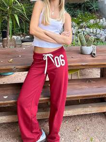 Women Y2K Number Printed Sweatpants Drawstring Elastic High Waist Straight Leg Baggy Pants Loose Workout Joggers Casul Trousers - Đỏ - Xem 2