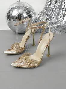 High Heel Fashionable Pointed Toe Metal Sandals, Casual For Daily Wear In Summer - Apricot - View 2