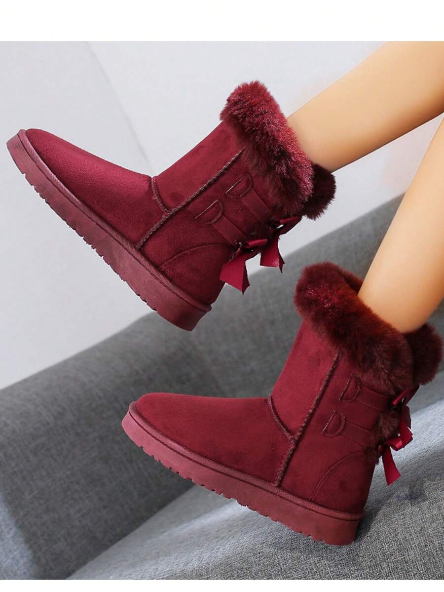 Damskie śniegowce w jednolitym kolorze z kokardką, z podszewką termiczną, ciepłe, krótkie śniegowce, modne, płaskie, miękkie, zimowe buty z puszystą podszewką, antypoślizgowe, wygodne, śniegowce w kolorze czerwonego wina, niebieskiego, czarnego, z futrzanymi butami - Burgund - Zobacz 1