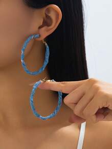 1 Pair Retro Fashion Exaggerated Denim Print Hoop Earrings For Women, Minimalist Wrapped Round Earrings - square queen - View 24