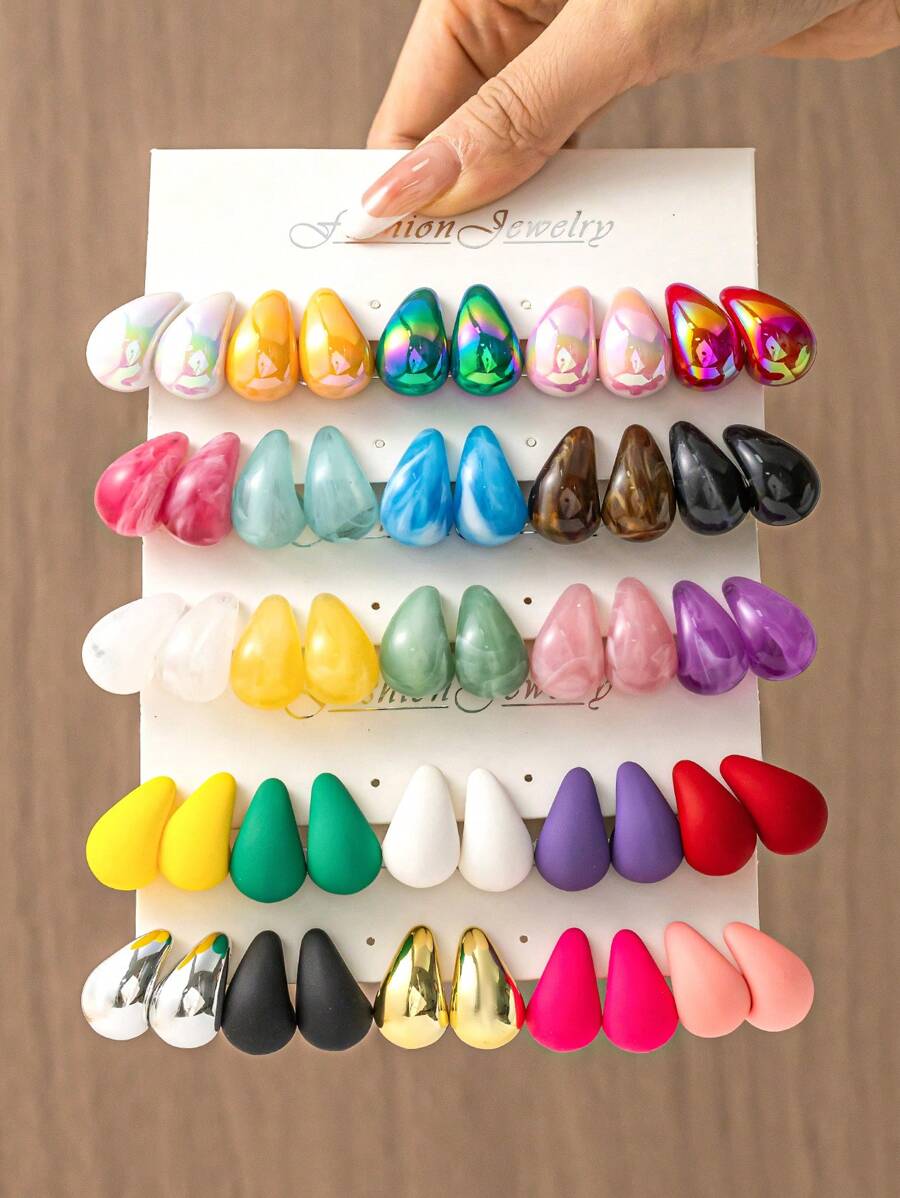 10-50pcs/Set Fashion Dopamine Colorful Water Drop Shaped Earring Sets, Lightweight Material, No Burden, Suitable For Women's Daily Wear