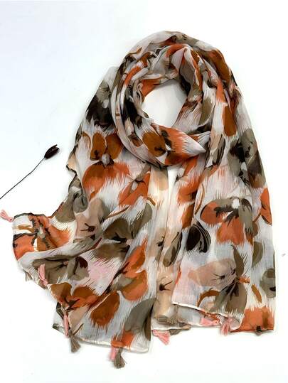 1pc Simple Printed Scarf, Lightweight & Breathable Tassel Shawl, Elegant & Fashionable Design Ladies' Silk Scarf, Versatile For Spring/Summer Outdoor Sun Protection, Beach Wrap, Headscarf For Dress