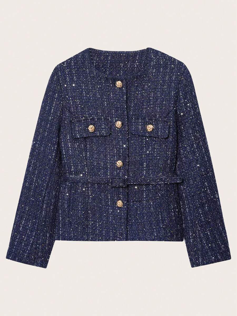 Elegant Commuter Thick Fabric Waist Belt Long Sleeve Jacket, Spring/Autumn