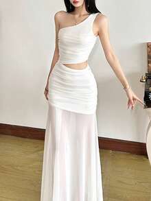 Top Dazzle 纯色修身时尚单肩不对称无袖连衣裙 - 白色 - 查看 6