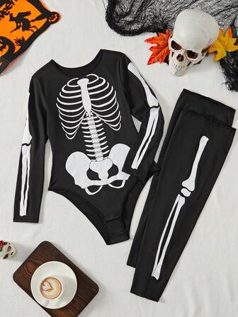Halloween Black Skeleton Print Sexy Romper Costume For Women, Party Performance Outfit - Romper + 1 Pair Stockings