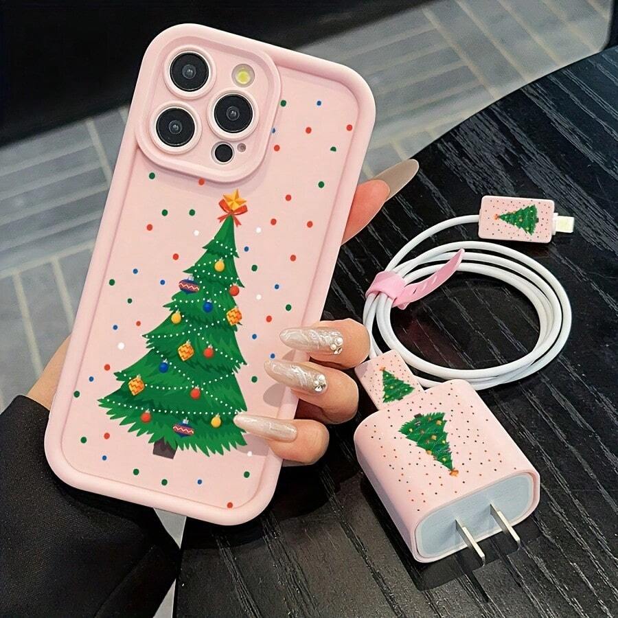 5 قطع مجموعة غطاء هاتف عيد الميلاد الوردي أنيق وفاخر، مناسب لموديلات 11/12/13/13 برو ماكس/14/14 برو/14 بلس/14 برو ماكس/15/15 برو/15 برو ماكس/16/16 برو/16 بلس، واقي شاحن، إكسسوارات الهاتف