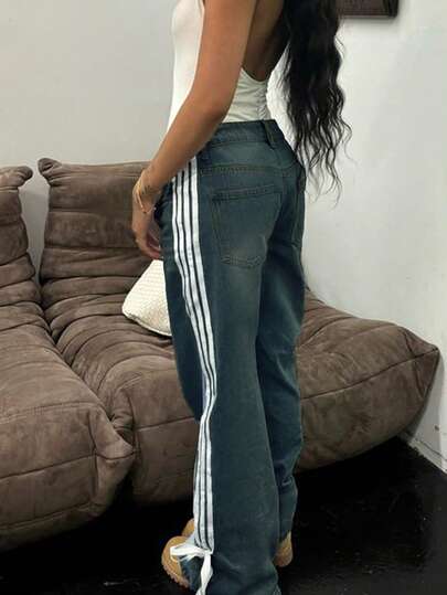 Y2K Style Lace-Up Bow Tie Waist Straight Leg Women Jeans With Pockets Casual Spring