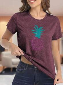 1PC, Women'S Pink T-Shirt With Pineapple Graphic - Soft Blend, Short Sleeve, Round Neck, Casual Summer Top, Perfect For Beach Or Vacation Outfits, Casual Summer Top |   Pineapple Graphic Tee |   Blend FabricS-XXL - crimson - 查看 1