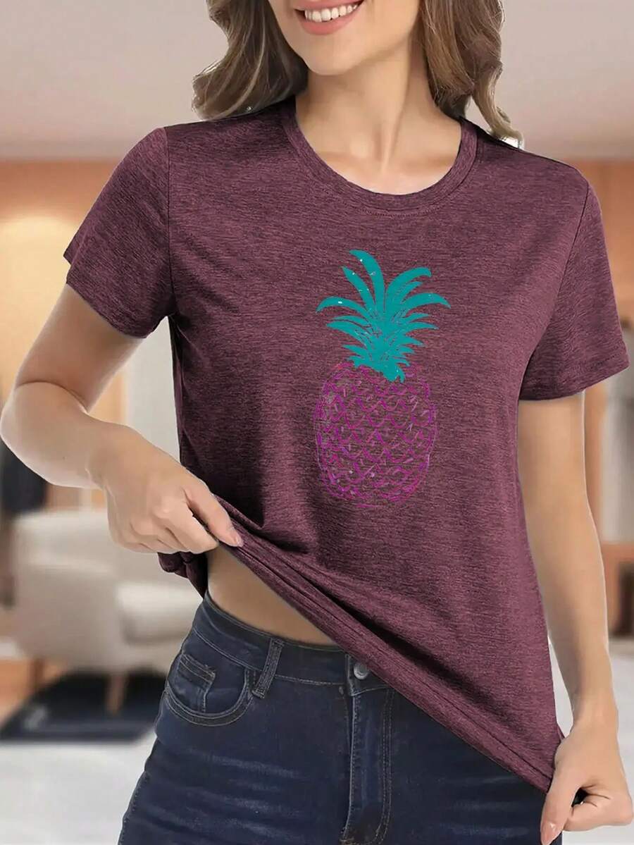 1PC, Women'S Pink T-Shirt With Pineapple Graphic - Soft Blend, Short Sleeve, Round Neck, Casual Summer Top, Perfect For Beach Or Vacation Outfits, Casual Summer Top | Pineapple Graphic Tee | Blend FabricS-XXL - crimson - 查看 1