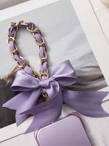 1pc Phone Lanyard With Bowknot, Metal Chain Scarf Braided Cord Phone Charm Accessory, Ribbon Electroplated Decor