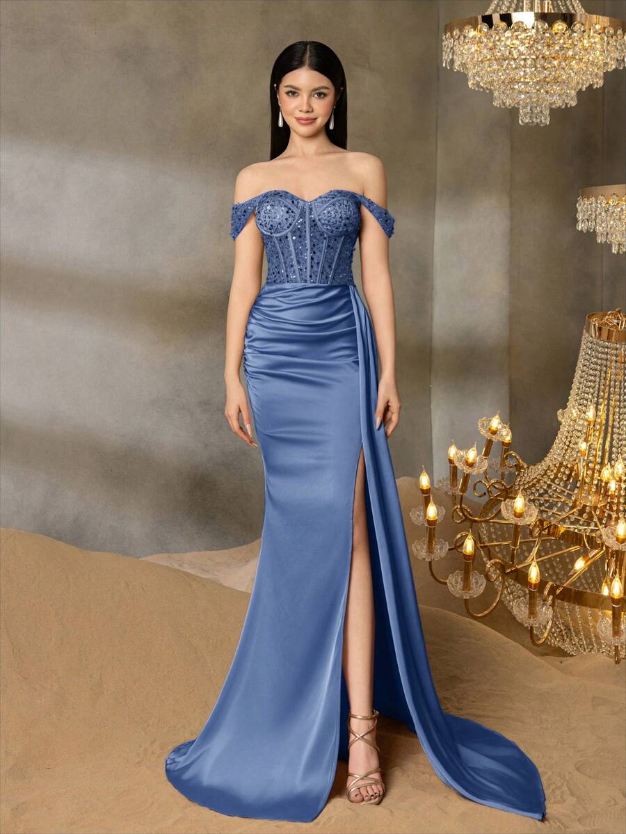 Alisa&Leo Teen Girls' Sequin Evening Gown - Off-Shoulder Beaded Bodice With Crystal Accents, Satin Mermaid Silhouette For Graduation Proms, Wedding Guest Outfits, Formal Dinners & Beauty Pageants