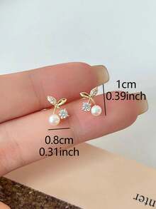 1 Pair Cherry Stud Earrings - Rhinestone & Faux Pearl Floral Design, Dainty Women's Jewelry For Daily Wear & Special Occasions - Vàng - Xem 5