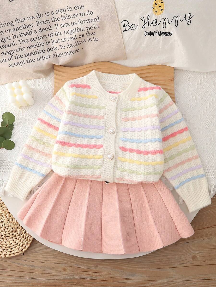 2 件女童条纹开衫和裙子套装，时尚设计优雅秋冬装，儿童礼物节日服装 - 白色 - 查看 1