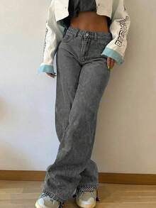 女士复古宽松直筒牛仔裤，休闲春季款 - 淺灰色 - 查看 2
