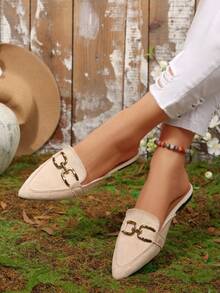 Zapatos mule de punta afilada color beige otoño 2025 para mujer, con decoración de hebilla metálica en, mocasines sin cordones, zapatos planos elegantes y versátiles sin talón