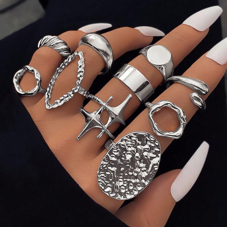 10 Stücke/Set übertriebener geometrischer Legierungsring, asymmetrischer Cut Out geometrischer Dekor, einfache Ringe für Frauen, geeignet für den täglichen oder Urlaubsgebrauch - Silber - Übersicht 1