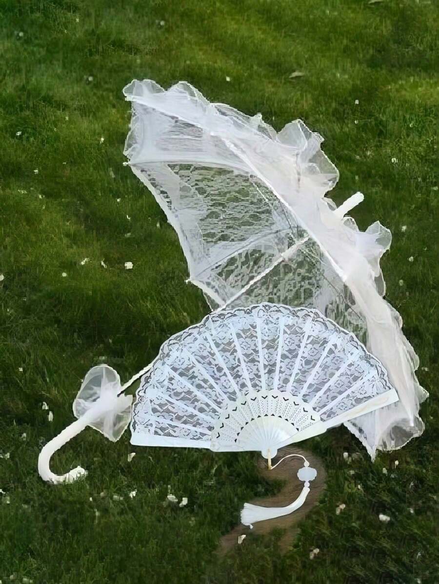 婚礼装饰道具套装：蕾丝伞和蕾丝塑料扇，圣诞节，欧式新娘婚礼伞，户外婚礼装饰伞扇套装，最佳礼物，婚礼摄影道具，适用于婚礼和舞蹈表演，白色新娘扇，白色新娘折扇，大型单身派对手扇 - 彩色 - 查看 1