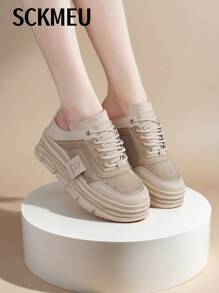 SCKMEU 1 双女式网眼拼布一脚蹬穆勒鞋，厚底，厚底，时尚百搭休闲鞋 - 卡其色 - 查看 7