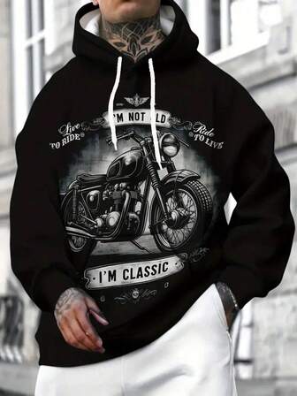 Men's Motorcycle Graphic Pullover Sweatshirt - Vintage Bicycle Black Pullover Sweatshirt, Biker Casual Street Style (Machine Washable), Classic Pullover Sweatshirt, Casual Wear, Retro Street Fashion, Durable Fabric, Long Sleeve Top