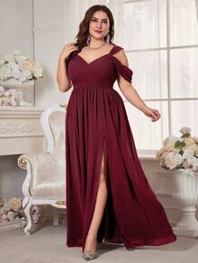 UNITHORSE Plus Size Women's Open Shoulder Short Sleeve Chiffon Bridal Dress, Elegant Dress, Birthday Dress, Graduation Dress, Formal Dress, Bridesmaid Dress Wedding Spring Party - Burgundy - View 5