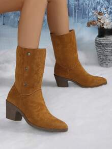 Women's High Heel Fashion Shoes, Solid Color Western Style Side Zipper Ankle Boots And Short Boots, Suitable For Holidays, Autumn/Winter