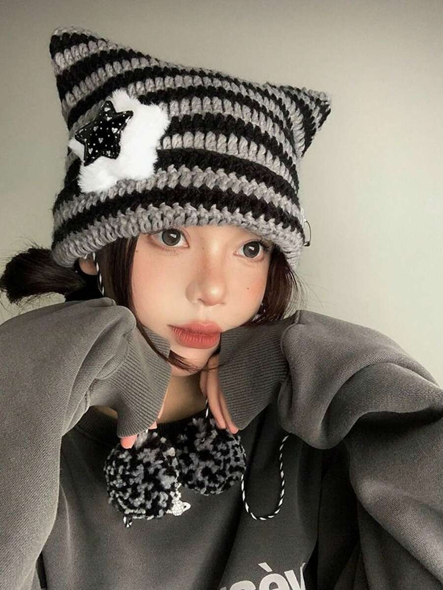 1pc Punk Gothic Y2K Cute Black White Beanie Hats Striped Cat Ears Wool Hat Women Autumn Winter Warm Little Devil Knitted Crochet Beanie Hat Winter Women - Multicolor - View 1