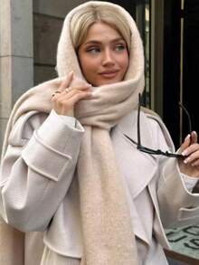 1pc Solid Color Scarf, Winter Warm Neck, Thickened Wool Knitted Thick Fringed Shawl, Can Be Worn