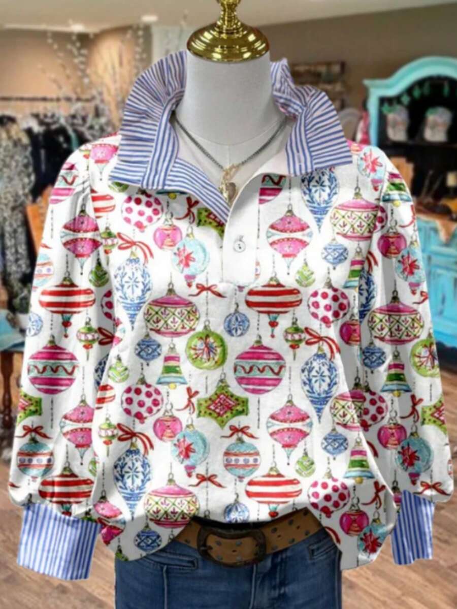 Women's Holiday Ornament Print Blouse – Festive Pullover With Striped Collar, Long Sleeve Christmas Top For Casual Party Look, Fun Xmas Gift Shirt - 白 - 查看 1