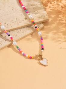 欧美手工彩色珠子和仿珍珠心形吊坠项链，女士海滩派对配饰 - 心形 - 查看 2