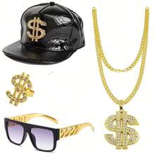 Hip Hop Street Fashion Accessories Set - Gold Baseball Cap, Dollar Necklace, Punk Sunglasses And Ring, Complete Hip Hop Stylish Combo, Carnival Party Hip Hop Cool Punk Alloy Dollar Chain Necklace, Glasses And Ring Set, Essential For Halloween - Multicolor - View 1