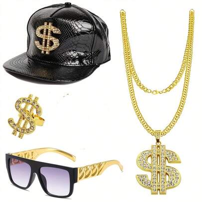 Hip Hop Street Fashion Accessories Set - Gold Baseball Cap, Dollar Necklace, Punk Sunglasses And Ring, Complete Hip Hop Stylish Combo, Carnival Party Hip Hop Cool Punk Alloy Dollar Chain Necklace, Glasses And Ring Set, Essential For Halloween