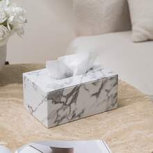 1pc Marble Pattern Leather Tissue Box Cover, Durable & Fashionable For Home And Hotel Use, Suitable For Bedroom, Living Room And Car Decor, Marble Texture Box, Stylish Design, Tissue Box Decor, Modern Kitchen And Dining Room Decor, Rectangular Marble Textured Tissue Box Holder