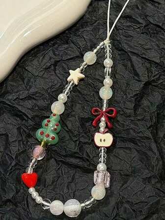 1pc Christmas Tree Apple Bow Star Mobile Phone Chain, Handcrafted Beaded Mobile Phone Pendant, Cdd Camera Anti-Loss Chain Bag Pendant