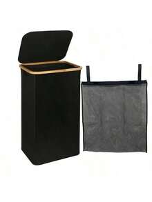 100L High-Capacity Laundry Basket With Lid, Portable With Handle, Detachable Inner Bag, Clothes Hamper With Bamboo Handles For Clothes In Dorm Bedroom Bathroom Storage Organization, Foldable Laundry Hamper, Recycling Bin, Classic Style, Multiple Components, Rectangle Shape, Suitable For Various Room Types, Laundry Baskets