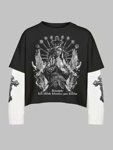 男士二合一长袖T恤，轻薄叠穿设计，短款下摆，春夏轻盈透气，饰有圣母玛利亚十字架图案，时尚休闲日常街头风，送礼佳品 - 黑與白 - 查看 3