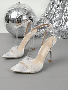 High Heel Fashionable Pointed Toe Metal Sandals, Casual For Daily Wear In Summer - White - View 2