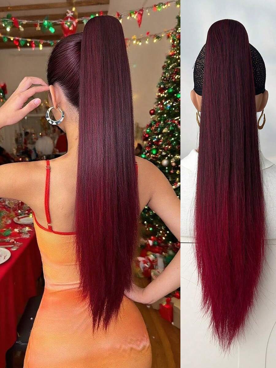 Extensión de cola de caballo con garra, fibra resistente al calor de 24 pulgadas, color marrón rojo, cola de caballo con clip