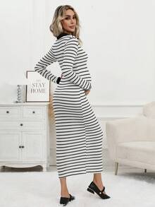Pregnant Women's Striped Elegant Bodycon Casual Dress With Contrast Trim And Slit, Sexy And Suitable For Autumn/Winter Parties And Daily Wear