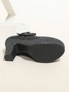Zapatos de tacón alto con moño negro, bombas de plataforma gruesa impermeables, zapatos de novia - Negro - Ver 8