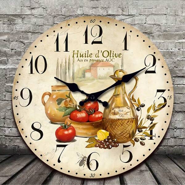 Constantplanet 1pc Vintage Rustic Farmhouse Wooden Decorative Wall Clock With Provencal Olive Oil And Tomato Pattern, Quiet Quartz, Suitable For Home Decor In Living Room, Kitchen, Bedroom, Office, Garden Party, Cooking Enthusiast Gift, Available In 16 Inch (No Battery Included),Home Decor ,Room Decor Gifts Birthday Graduation Clock Wall Bedroom Decor Dormitory Decor Back To School
