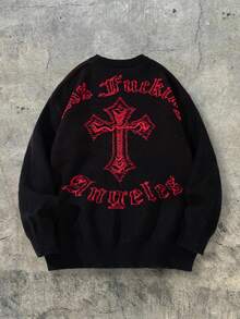 Men's European & American Street Cross & Letter Double-Sided Jacquard Pattern Crew Neck Long Sleeve Pullover Sweater, Casual Loose Versatile Top, Suitable For Spring, Autumn & Winter - Black - View 3