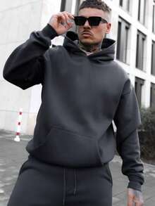 Áo nỉ trùm đầu dáng rộng màu trơn dành cho nam, phong cách đường phố đa năng, mùa thu - Màu xanh lá cây đậm - Xem 3