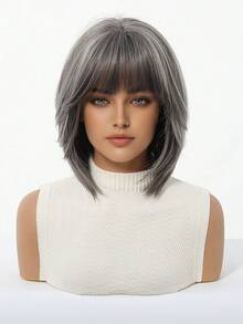 Elegant Mixed Gray Bob Wig With Bangs For Mature Women Natural Synthetic Wig For Gray Use Every Day Wear - Xám - Xem 4