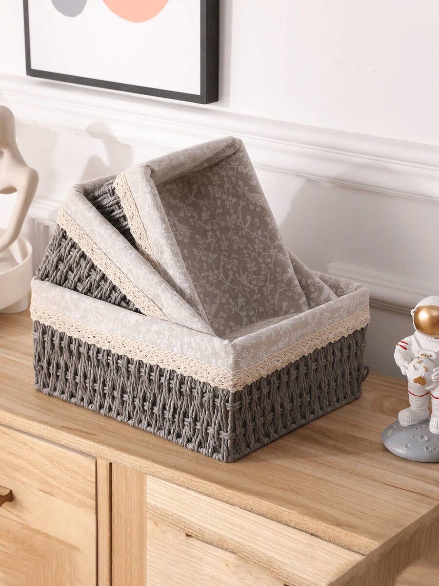 1pc Desktop Hand-Woven Storage Box, Storage Basket, Storage Box, Retro Style, For Stationery, Snacks, Kitchen, Toys, Cosmetics Storage - Grey - View 1