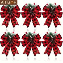 6pcs Christmas Buffalo Plaid Bowknot Plastic Pine Cone Picks, For Christmas Tree, Fireplace Wreath DIY Craft, Party Decor, Gift Packaging, Seasonal Decoration - Multicolor - View 2