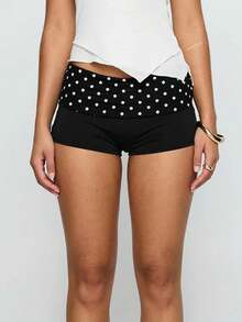 Women Casual Mini Shorts Y2k Fold Over Polka Dots Micro Shorts Low Elastic Waist Mini Lounge Shorts  Pajamas Shorts Boyshorts Summer Going Out Versatile Style Shorts Wear - màu đen - Xem 3