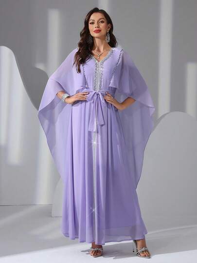 Women's V-Neck Solid Color Luxurious Rhinestone Embellished Collar, Elegant Cape Sleeve Long Sleeve Dress