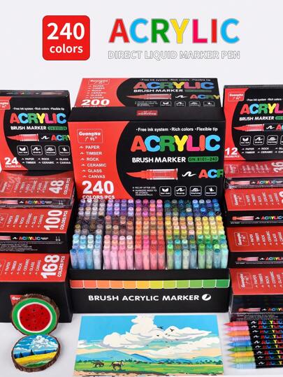 GuangNa 360/288/240/168/120/100/72/60/48/36/24/12 Colors Water-Based Acrylic Marker Pens, Brush Tip. Suitable For Rock, Wood, Fabric, Plastic And DIY Crafts. School Stationery Supplies. Great Gift For New Year!