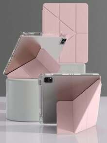 غطاء قابل للطي بشكل Y مع حامل من البلاستيك الشفاف متوافق مع iPad Air 11 13 M2 2025 M3 ، يدعم زوايا متعددة ، متوافق مع A16 11th 2024 Air 5 Air 4 10.9 9th 8th 7th 10.2 5th 6th 9.7 10th Gen 2021 Pro 11 12.9 Mini6 7 مع حامل قلم ، تنبيه تشغيل/إيقاف تلقائي - وردي