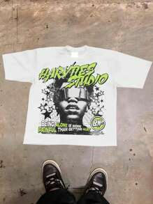 (180 Pure Cotton T-Shirt)    Y2k  Style   Pattern Men's Casual Soft 100% Cotton All-Match Crew-Neck Short-Sleeved T-Shirt - 白色 - 查看 1